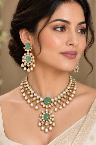 Gold-Plated Green Stone Kundan Necklace Set with Earrings