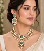 Gold-Plated Green Stone Kundan Necklace Set with Earrings
