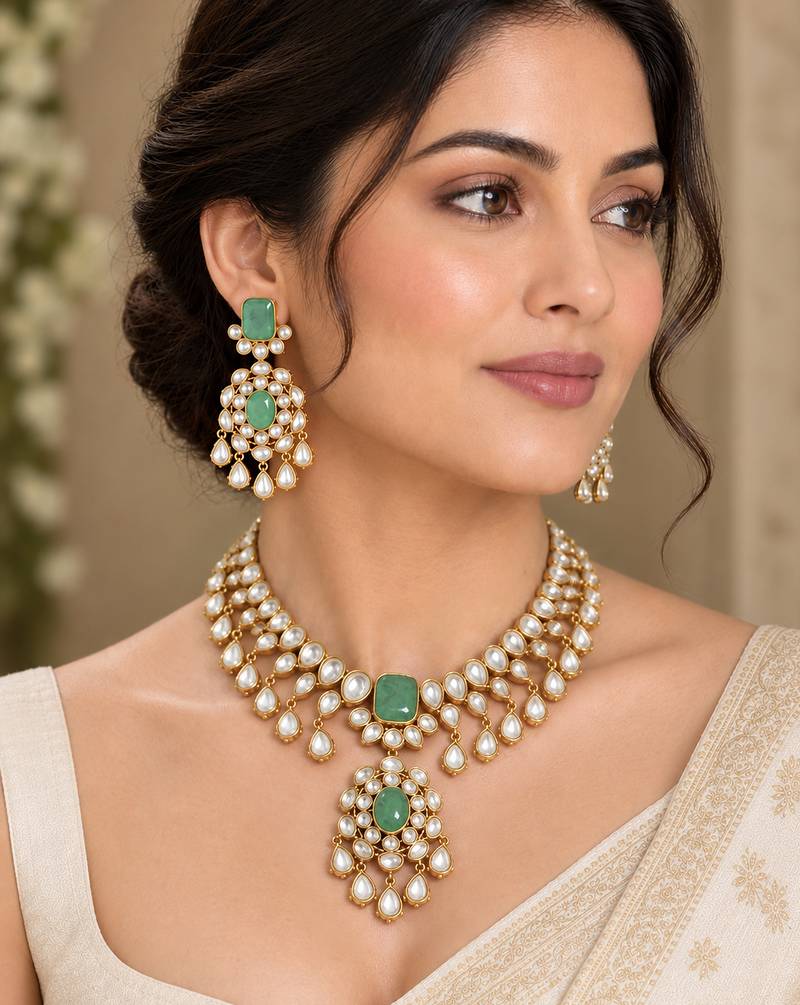 Gold-Plated Green Stone Kundan Necklace Set with Earrings