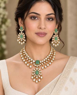 Gold-Plated Green Stone Kundan Necklace Set with Earrings 2