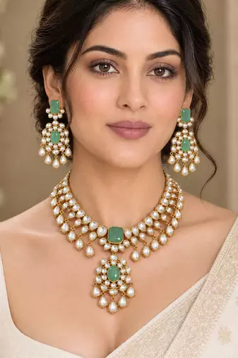 Gold-Plated Green Stone Kundan Necklace Set with Earrings