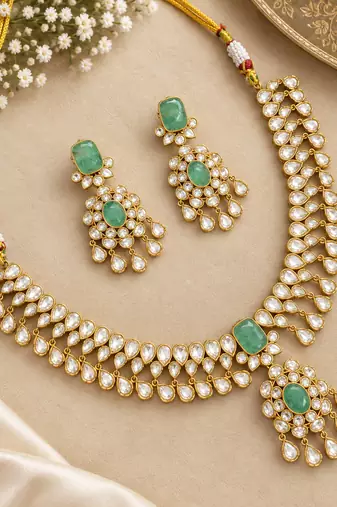Gold-Plated Green Stone Kundan Necklace Set with Earrings
