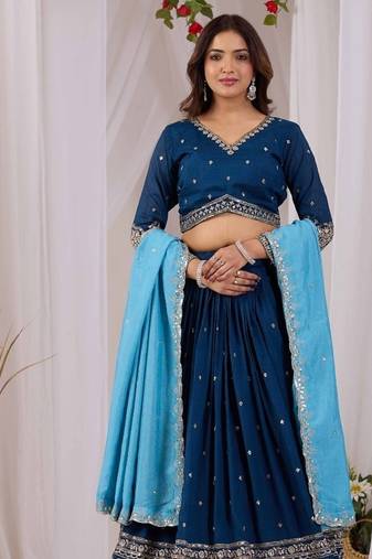 Navy Vichitra Readymade Lehenga Choli with Embroidery & Sequence Work