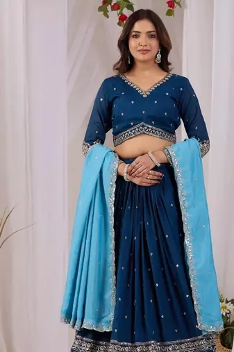 Navy Vichitra Readymade Lehenga Choli with Embroidery & Sequence Work
