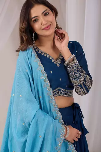 Navy Vichitra Readymade Lehenga Choli with Embroidery & Sequence Work