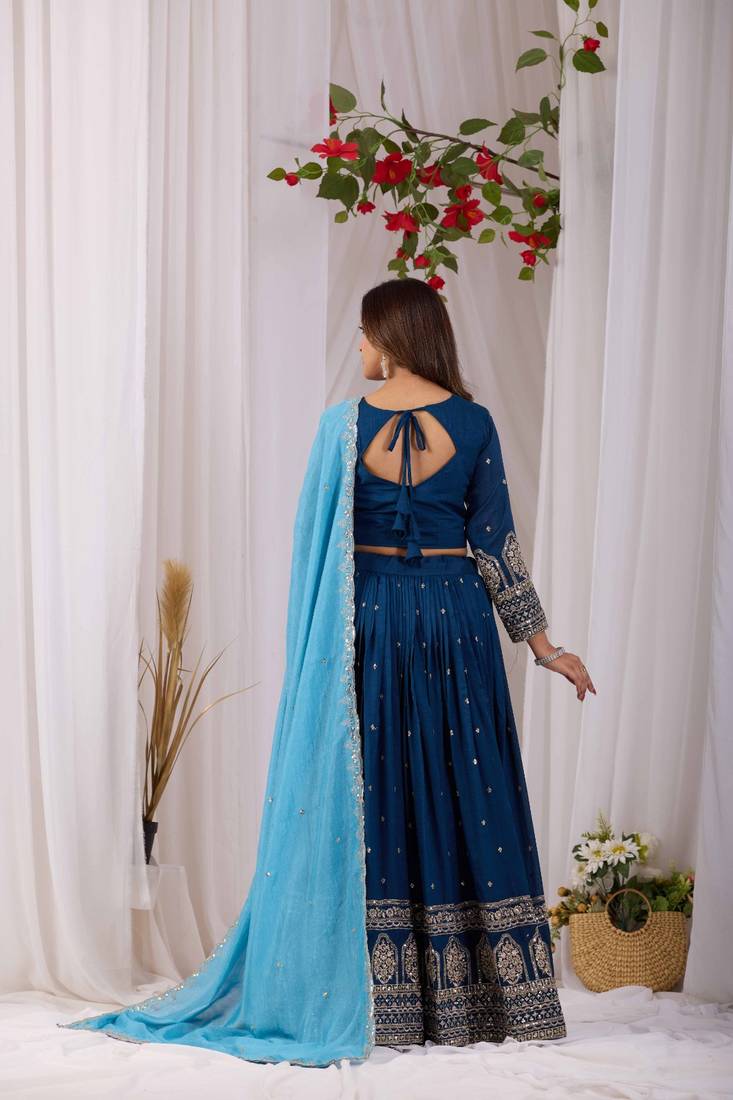 Navy Vichitra Readymade Lehenga Choli with Embroidery & Sequence Work