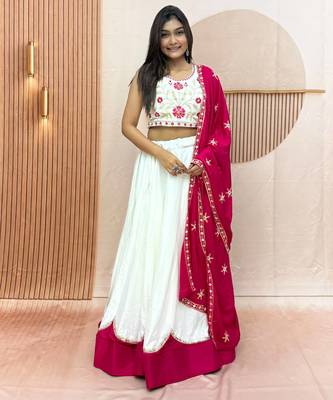 White & Rani Cotton Readymade Lehenga Choli with Embroidery & Thread Work 1