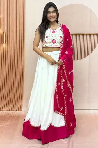 White & Rani Cotton Readymade Lehenga Choli with Embroidery & Thread Work