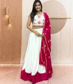 White & Rani Cotton Readymade Lehenga Choli with Embroidery & Thread Work