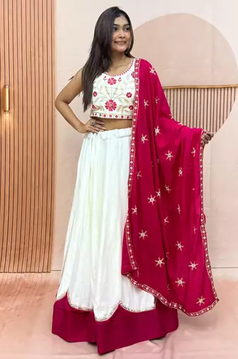 White & Rani Cotton Readymade Lehenga Choli with Embroidery & Thread Work