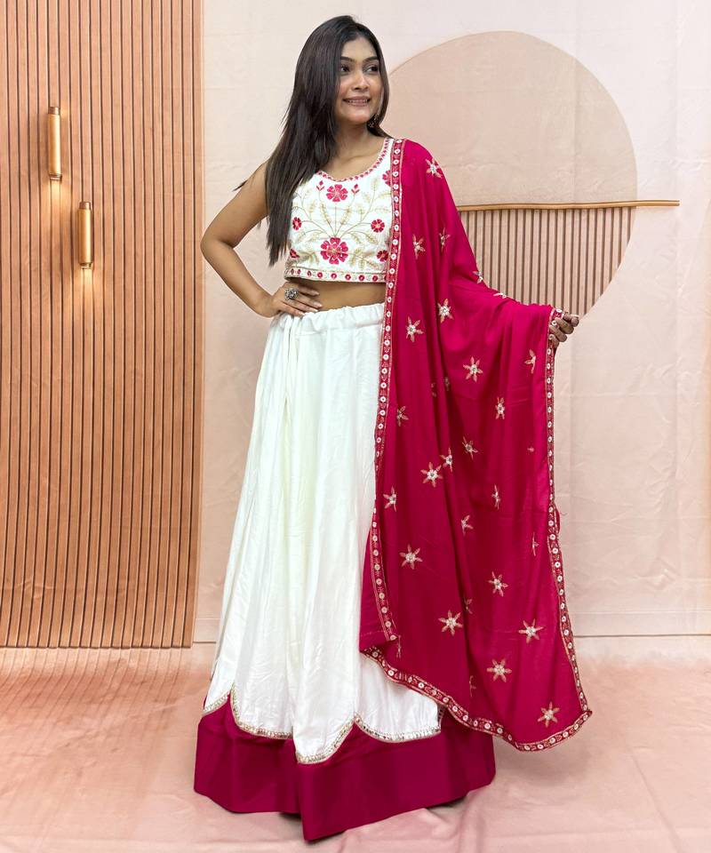 White & Rani Cotton Readymade Lehenga Choli with Embroidery & Thread Work