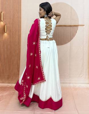 White & Rani Cotton Readymade Lehenga Choli with Embroidery & Thread Work 3