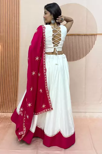 White & Rani Cotton Readymade Lehenga Choli with Embroidery & Thread Work