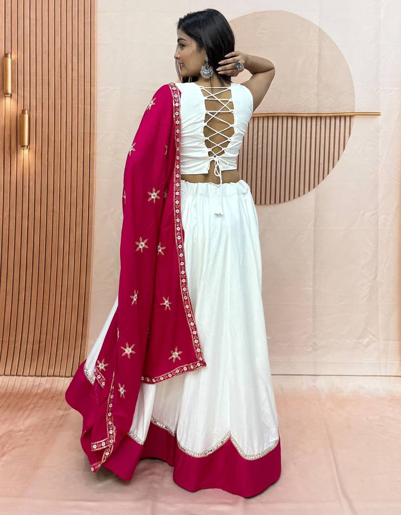 White & Rani Cotton Readymade Lehenga Choli with Embroidery & Thread Work