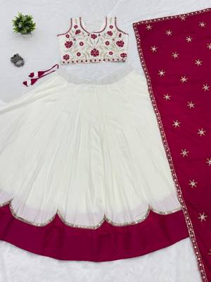 White & Rani Cotton Readymade Lehenga Choli with Embroidery & Thread Work 4