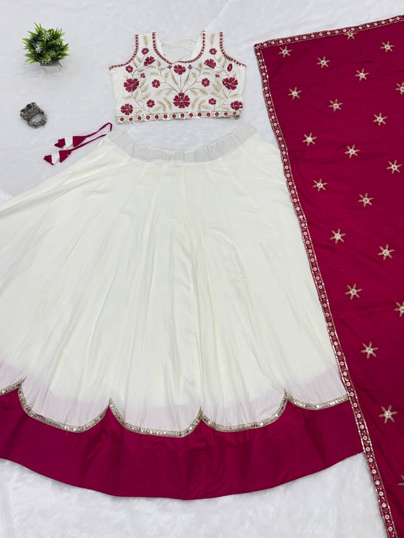 White & Rani Cotton Readymade Lehenga Choli with Embroidery & Thread Work