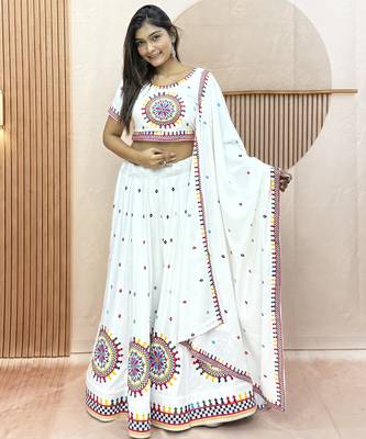 White Cotton Readymade Lehenga Choli with Gamthi Work 1