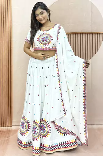 White Cotton Readymade Lehenga Choli with Gamthi Work