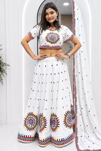 White Cotton Readymade Lehenga Choli with Gamthi Work