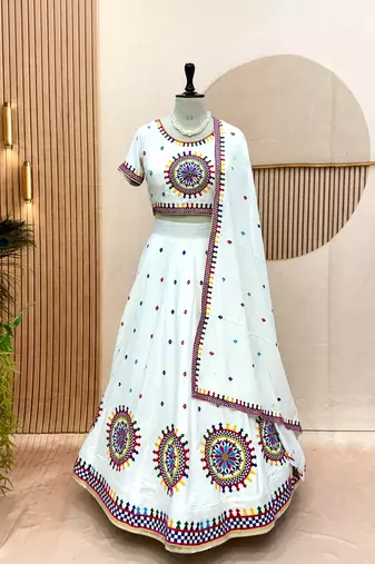 White Cotton Readymade Lehenga Choli with Gamthi Work