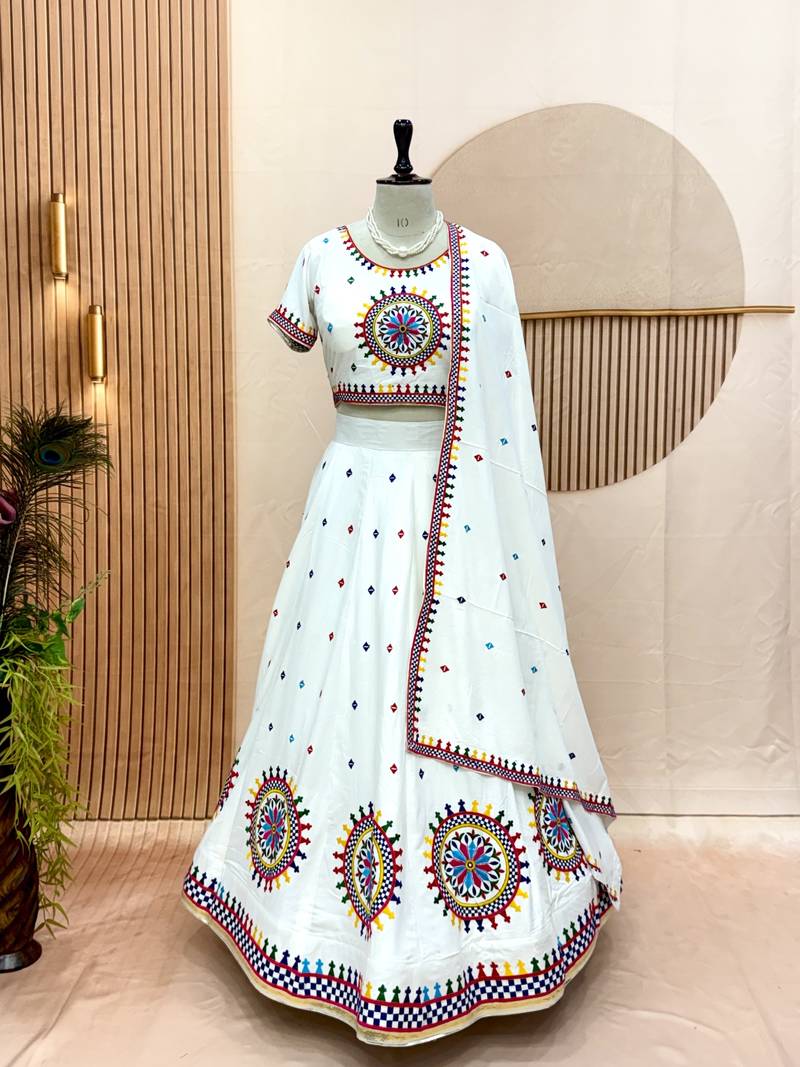 White Cotton Readymade Lehenga Choli with Gamthi Work