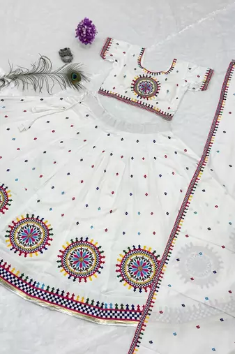 White Cotton Readymade Lehenga Choli with Gamthi Work