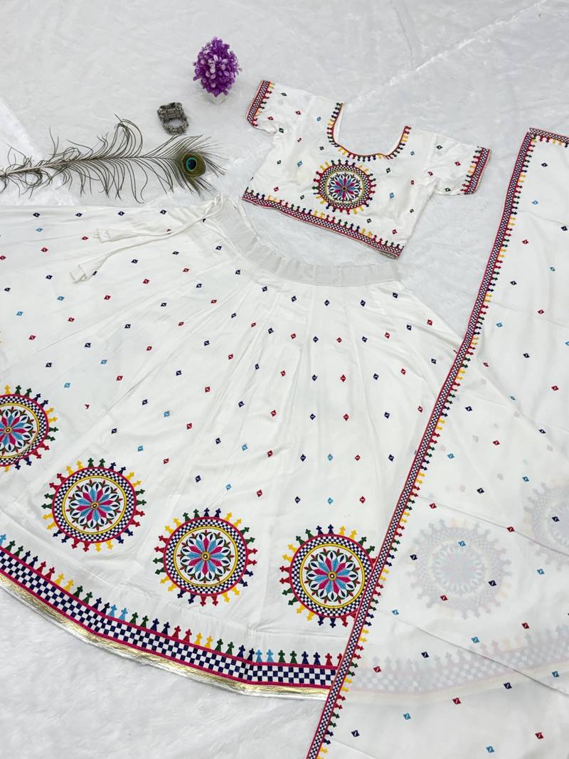 White Cotton Readymade Lehenga Choli with Gamthi Work