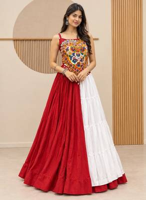 Red&White Cotton Readymade Lehenga Choli with Mirror & Gamthi Work 1