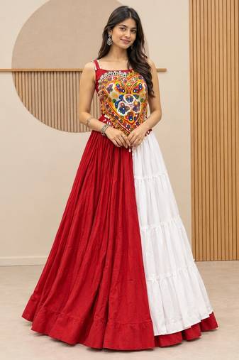 Red&White Cotton Readymade Lehenga Choli with Mirror & Gamthi Work