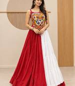 Red&White Cotton Readymade Lehenga Choli with Mirror & Gamthi Work