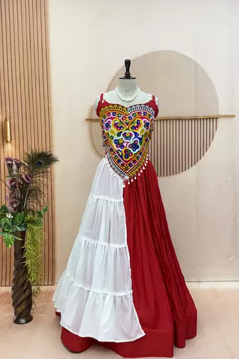 Red&White Cotton Readymade Lehenga Choli with Mirror & Gamthi Work