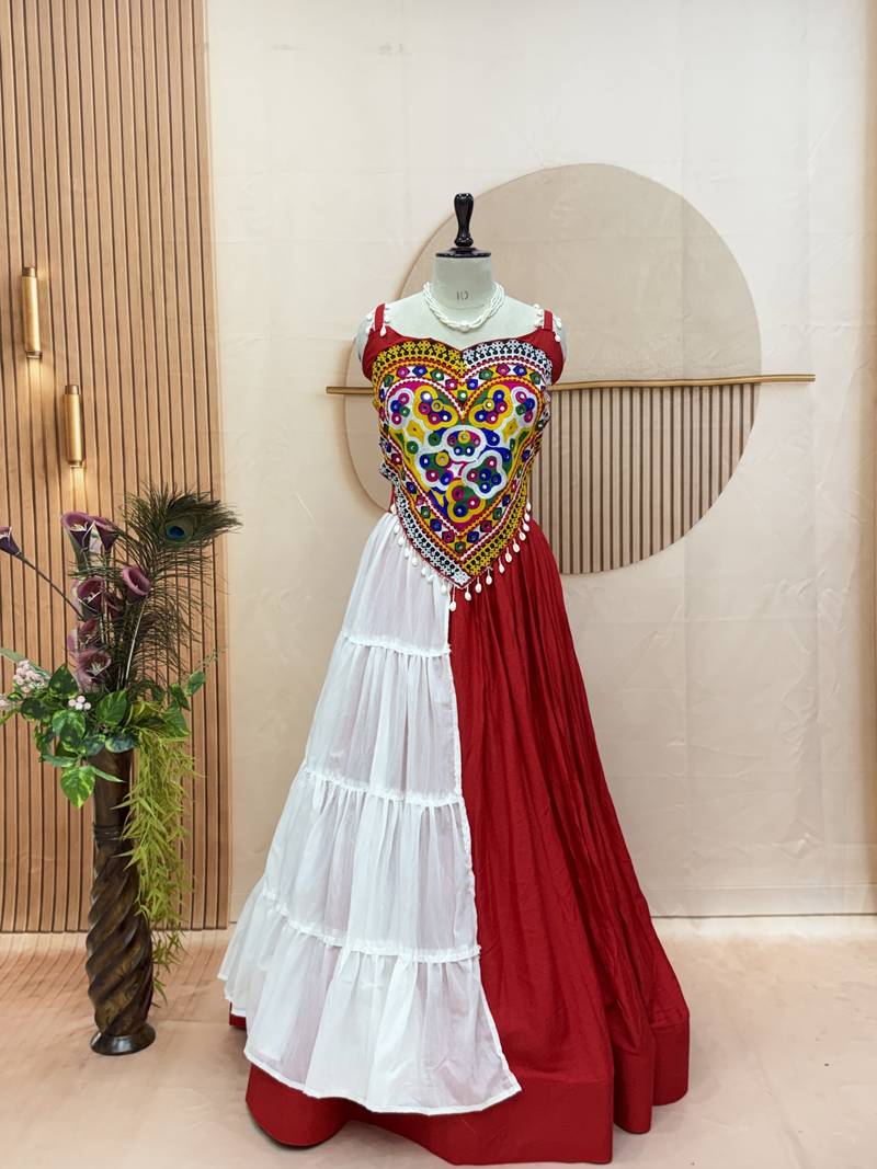 Red&White Cotton Readymade Lehenga Choli with Mirror & Gamthi Work