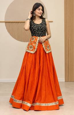 Orange & Black Cotton Readymade Lehenga Choli with Embroidery & Sequin Work 1