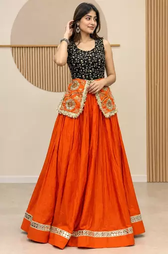 Orange & Black Cotton Readymade Lehenga Choli with Embroidery & Sequin Work