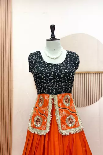 Orange & Black Cotton Readymade Lehenga Choli with Embroidery & Sequin Work
