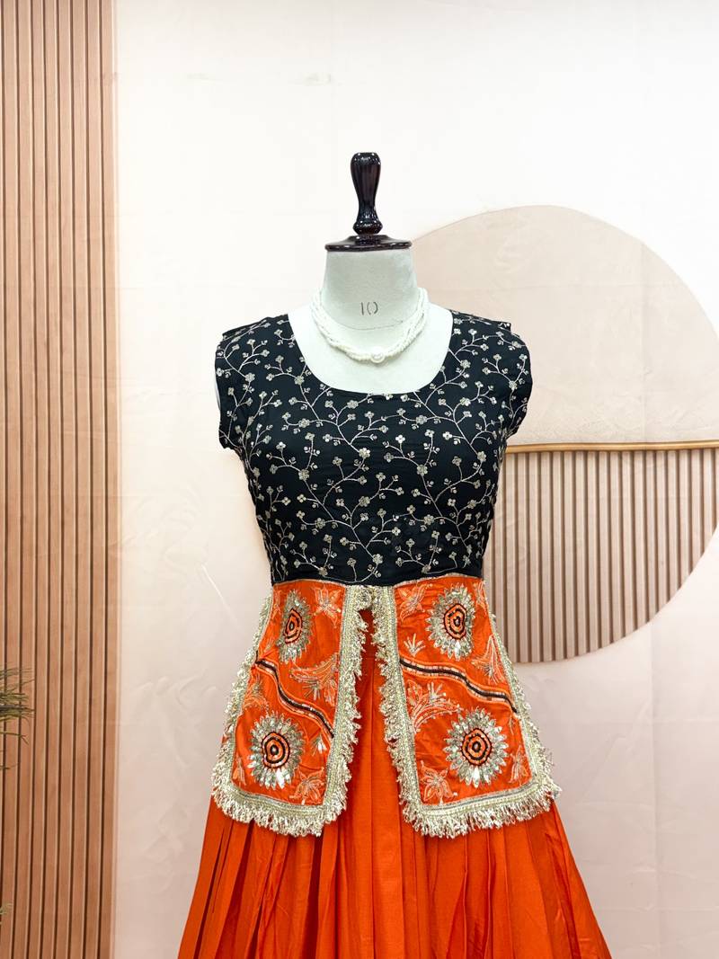 Orange & Black Cotton Readymade Lehenga Choli with Embroidery & Sequin Work