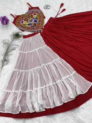 Red&White Cotton Readymade Lehenga Choli with Mirror & Gamthi Work 3