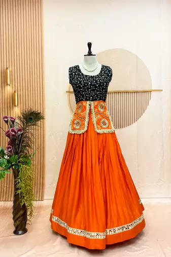Orange & Black Cotton Readymade Lehenga Choli with Embroidery & Sequin Work