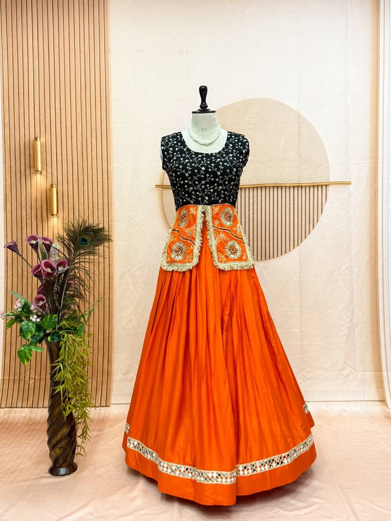 Orange & Black Cotton Readymade Lehenga Choli with Embroidery & Sequin Work
