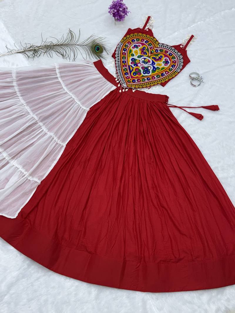 Red&White Cotton Readymade Lehenga Choli with Mirror & Gamthi Work