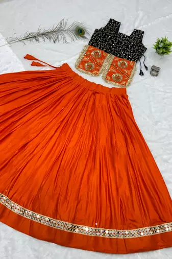Orange & Black Cotton Readymade Lehenga Choli with Embroidery & Sequin Work