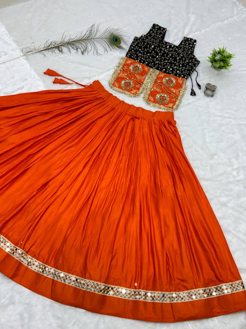 Orange & Black Cotton Readymade Lehenga Choli with Embroidery & Sequin Work