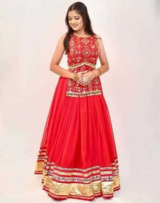 Orange Georgette Readymade Lehenga Choli with Mirror & Sequin Work 1