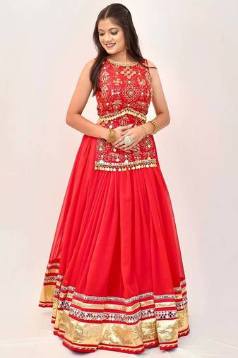 Orange Georgette Readymade Lehenga Choli with Mirror & Sequin Work