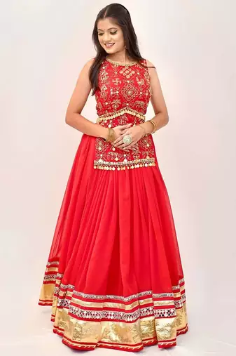 Orange Georgette Readymade Lehenga Choli with Mirror & Sequin Work