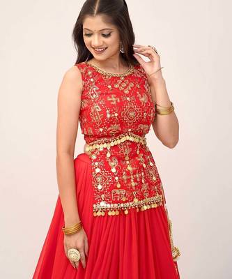 Orange Georgette Readymade Lehenga Choli with Mirror & Sequin Work 2