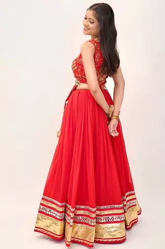 Orange Georgette Readymade Lehenga Choli with Mirror & Sequin Work