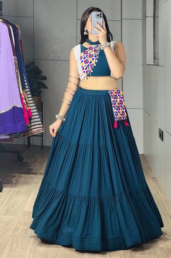 RAMA GREEN RAYON PARTY WEAR EMBRIDERY NAVRATRI LEHENGHA CHOLI FREE SIZE UP TO 42