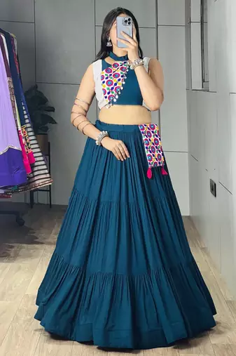 RAMA GREEN RAYON PARTY WEAR EMBRIDERY NAVRATRI LEHENGHA CHOLI FREE SIZE UP TO 42