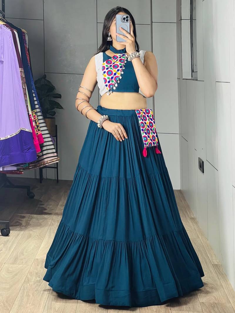 RAMA GREEN RAYON PARTY WEAR EMBRIDERY NAVRATRI LEHENGHA CHOLI FREE SIZE UP TO 42